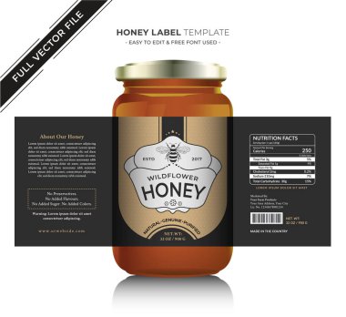 Bal etiketi afiş tasarımı bal tasarımı bal arısı kavanozu etiketi yaratıcı ürün paketleme fikri, beyaz arka plan sağlıklı organik gıda ürünü siyah etiket.