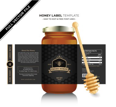 Bal etiketi afiş tasarımı bal tasarımı bal arısı kavanozu etiketi yaratıcı ürün paketleme fikri, beyaz arka plan sağlıklı organik gıda ürünü siyah etiket.