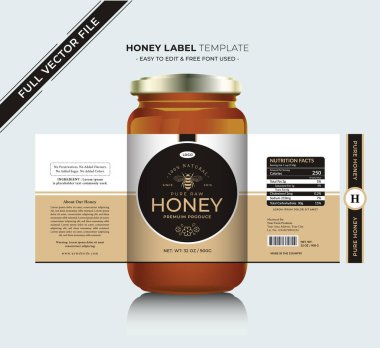 Bal etiketi afiş tasarımı bal tasarımı bal arısı kavanozu etiketi yaratıcı ürün paketleme fikri, beyaz arka plan sağlıklı organik gıda ürünü siyah etiket.