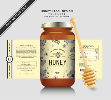 Bal etiketi afiş tasarımı bal tasarımı bal arısı kavanozu etiketi yaratıcı ürün paketleme fikri, beyaz arka plan sağlıklı organik gıda ürünü siyah etiket.
