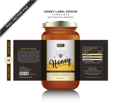 Bal etiketi afiş tasarımı bal tasarımı bal arısı kavanozu etiketi yaratıcı ürün paketleme fikri, beyaz arka plan sağlıklı organik gıda ürünü siyah etiket.