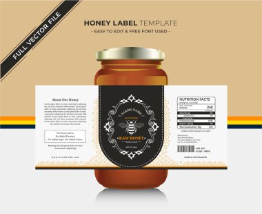 Bal etiketi afiş tasarımı bal tasarımı bal arısı kavanozu etiketi yaratıcı ürün paketleme fikri, beyaz arka plan sağlıklı organik gıda ürünü siyah etiket.