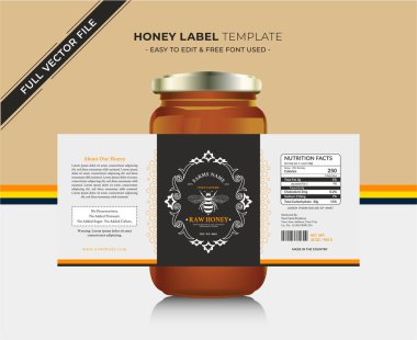 Bal etiketi afiş tasarımı bal tasarımı bal arısı kavanozu etiketi yaratıcı ürün paketleme fikri, beyaz arka plan sağlıklı organik gıda ürünü siyah etiket.