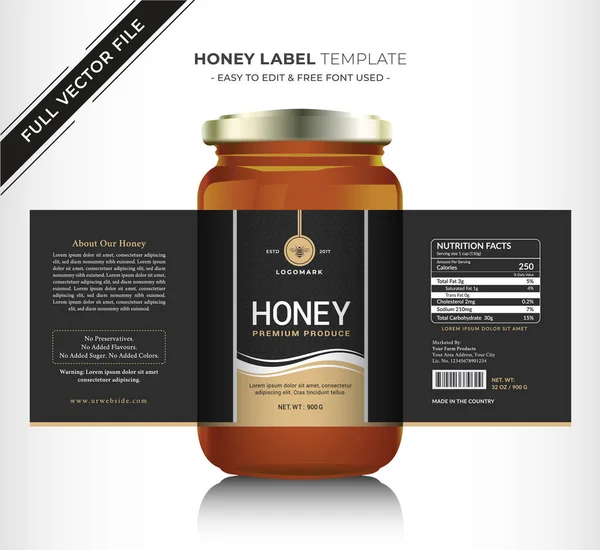 stock vector Honey label sticker banner design with honey design natural bee honey glass jar bottle sticker creative product packaging idea, white minimal background healthy organic food product black label.