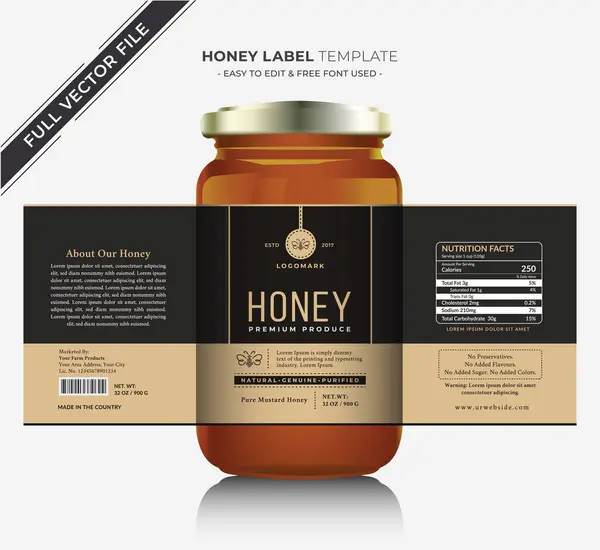 Bal etiketi afiş tasarımı bal tasarımı bal arısı kavanozu etiketi yaratıcı ürün paketleme fikri, beyaz arka plan sağlıklı organik gıda ürünü siyah etiket.