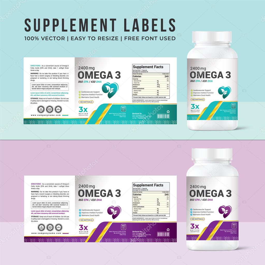 Omega 3 label design supplement vitamin bottle label packaging design creative and modern medicine label.