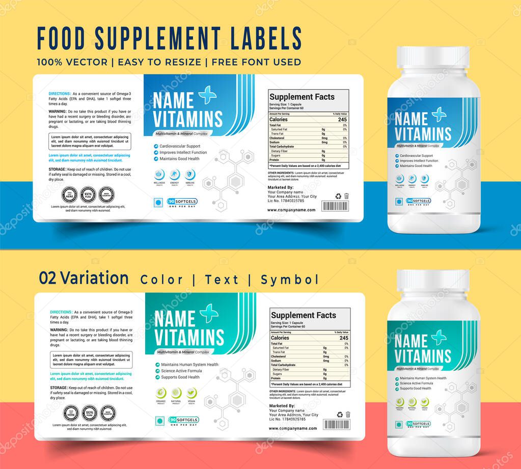 Design minimal packaging and labels for food supplement vitamins, medicine, and health products.