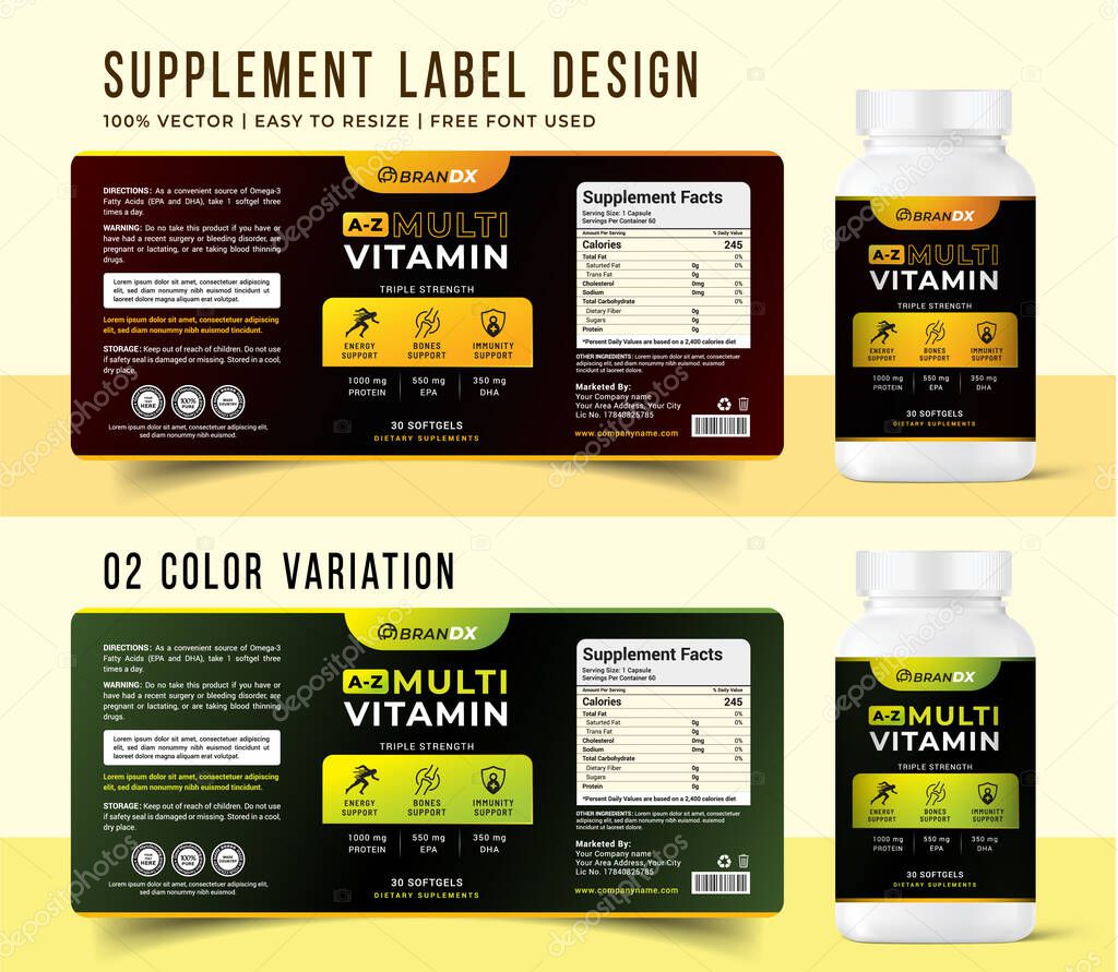 Design minimal packaging and black labels for food supplement vitamins, medicine, health products.