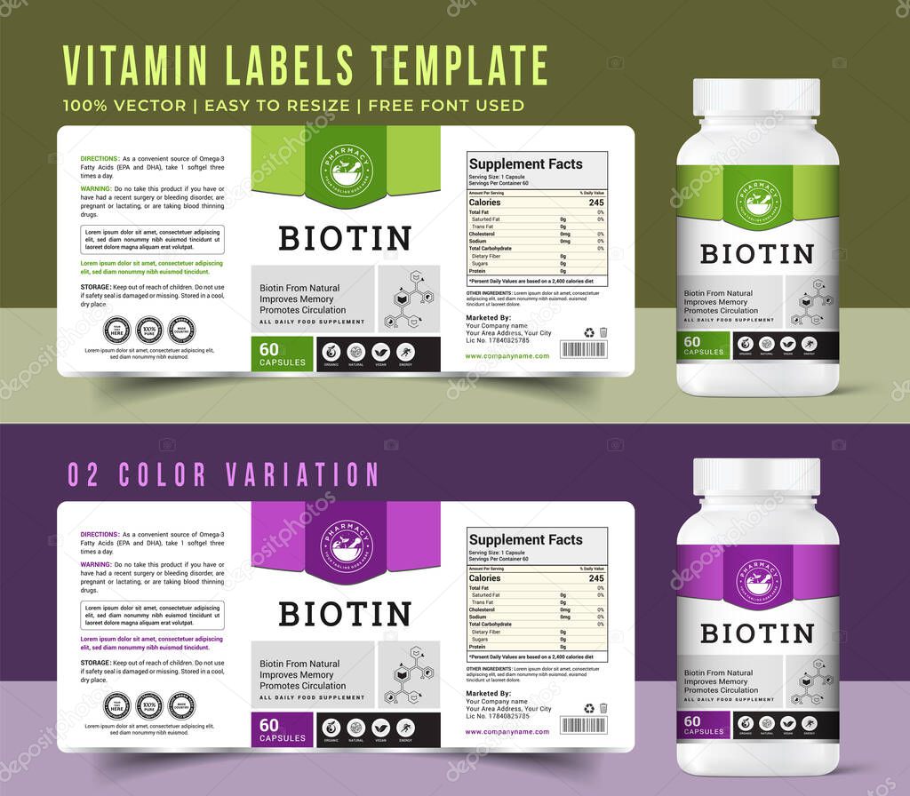 Design modern packaging and black labels for food supplement vitamins, medicine, nutrition health products.