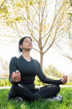 Park çimenleri üzerinde meditasyon yapan genç kadın (padmasana ya da sukhasana); denge; iş; yaşam ve zihin konsepti - fotokopi alanı ile görüntü