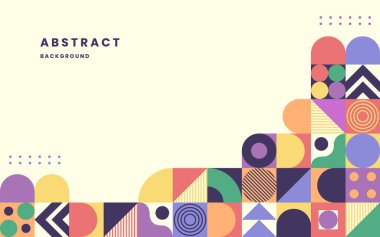 Renkli neo geometrik poster. Geometrik şekilli ızgara, geometri grafikleri. Modern soyut tanıtım şablonu. Neo geometrik şablon posteri. Resim vektörü 10 eps.