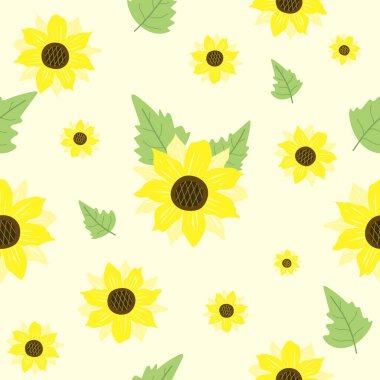 Kusursuz desenli botanik ayçiçeği çiçekleri ve izole edilmiş arka planda yeşil süs yaprağı. Resim vektörü 10 eps.