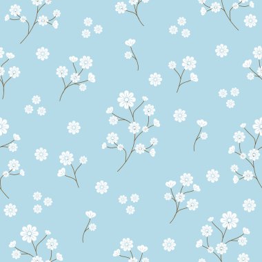 Beyaz çiçekli pürüzsüz desen, mavi arkaplanda bulunan küçük zarif çiçekler ve saplardır. Botanik el çizimi kalıbı. Kumaş, tekstil, hediye paketi, kart ve duvar kağıdı için doku. Resim vektörü 10 eps.
