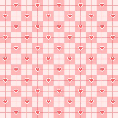 Sevgililer Günü 'nde kalp şekeri ve pembe beyaz ekose kumaş desenleri. Kalp kontrol tasarımı kusursuz desen. Resim vektörü 10 eps.