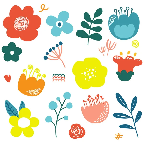 stock vector Floral vector set with flat doodle style abstract flowers and leaves. Flower graphic design. illustration vector 