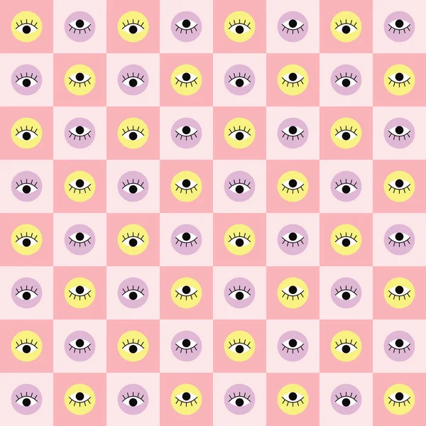 stock vector Seamless pattern in the style of eyes on pink chess grid background. Colorful clairvoyance elements. Contemporary modern trendy vector illustration. illustration vector 10 eps.