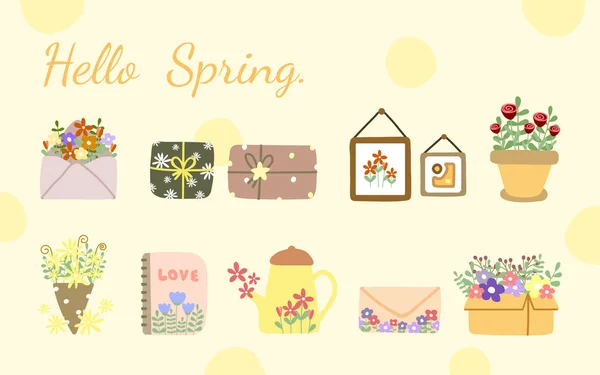Весняна Колекція Різними Квітковими Барвистими Елементами Букет Милий Квітковий Конверт — стоковий вектор