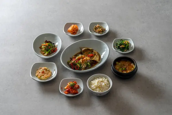 Korean food dish Soy Sauce Marinated Crab, Set Menu, Grilled La Ribs, Barley Gulbi, Grilled Dried Pollack, Side Dish