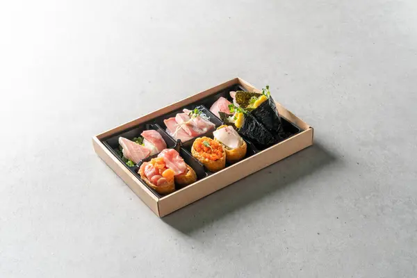 Soft tofu, shrimp, poke, avocado, temaki, raw tuna, salmon sashimi