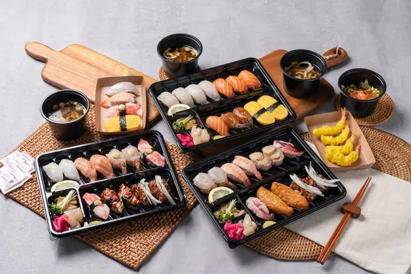 Sushi, Japanese, sashimi, side dishes, set menu, lunch box, tuna, salmon, flatfish, rockfish, shrimp, egg roll, fried tofu sushi, soy sauce shrimp, udon, fried food