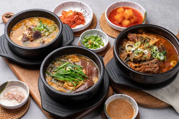 stock image Yangpyeong, hangover soup, sundaeguk, Korean food, bone hangover soup, side dishes, salted shrimp, earthenware, kkakdugi,