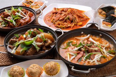 Korean food, pork back ribs, steamed pork back ribs, spicy, stir-fried budae, budae jjigae, beef, fried beef, spam, musubi, pork cutlet, clipart