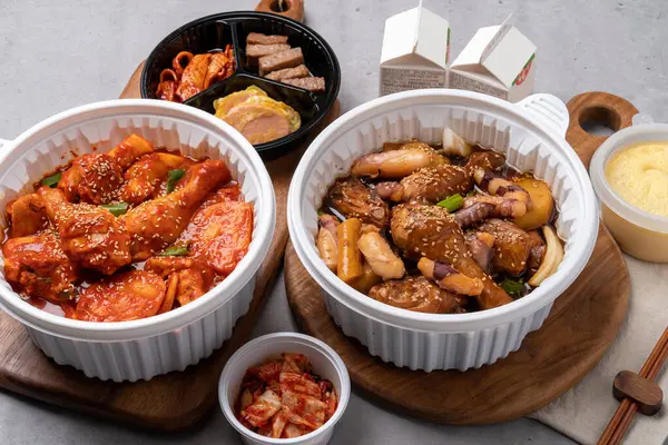 Korean food, braised spicy chicken, spicy, steamed chicken, soy sauce, side dishes, steamed eggs, ham, kimchi, traditional