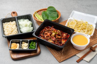 Korean food, webfoot octopus, stir-fry, pork belly, rice, lunch box, shrimp, bean sprout soup, steamed eggs, chili peppers, garlic, radish wraps, flying fish roe, perilla leaf clipart