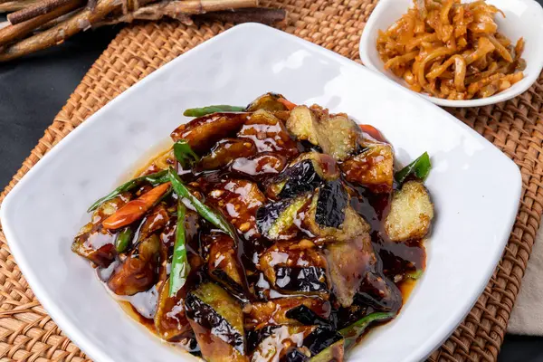 stock image Stir-fried eggplant, Chinese food, Guobaorou, Honam, shrimp, fried food, side dish, jachai, pickled radish, onion, pepper