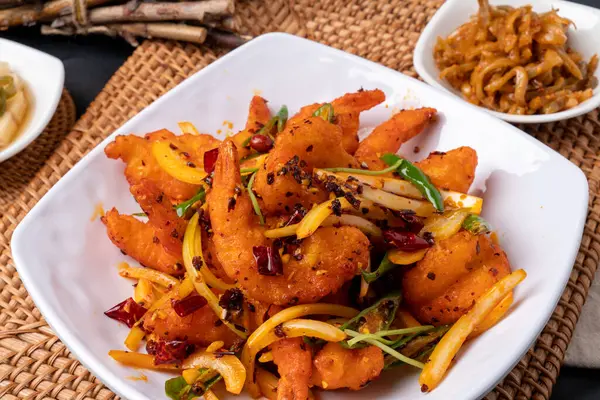 stock image Stir-fried eggplant, Chinese food, Guobaorou, Honam, shrimp, fried food, side dish, jachai, pickled radish, onion, pepper