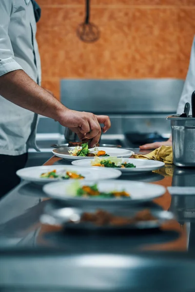 Chef Que Ensambla Platos Restaurante Alta Cocina — Foto de Stock