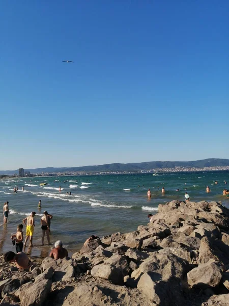 Malerischer Blick Auf Ruhiges Meer Gegen Klaren Himmel Strand Und — Stockfoto