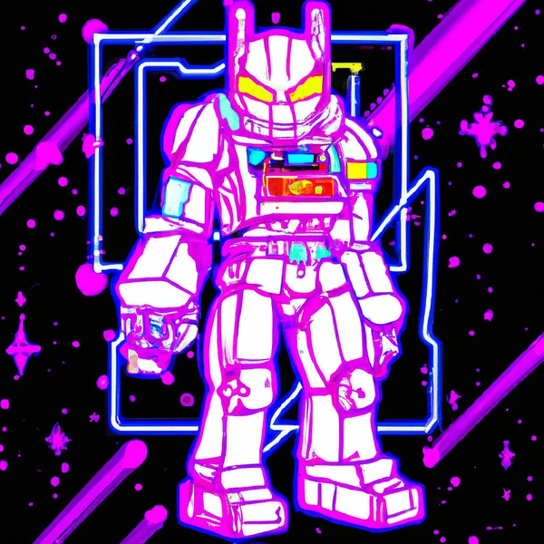 neon robot in space as child\'s drawing