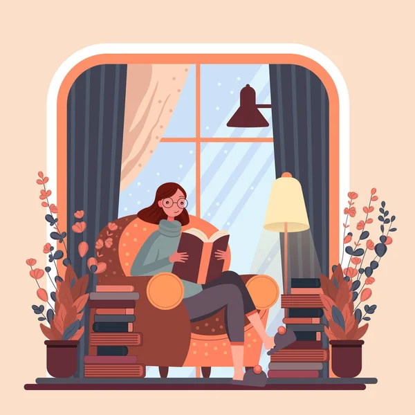 Жінка Ітерацією Руках Читаючи Книжку Сидячи Дивані Читання Хобі Плоска — стоковий вектор
