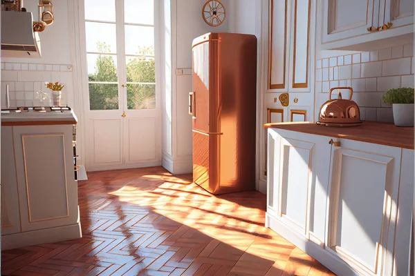 Kitchen with copper handles wooden worktop.