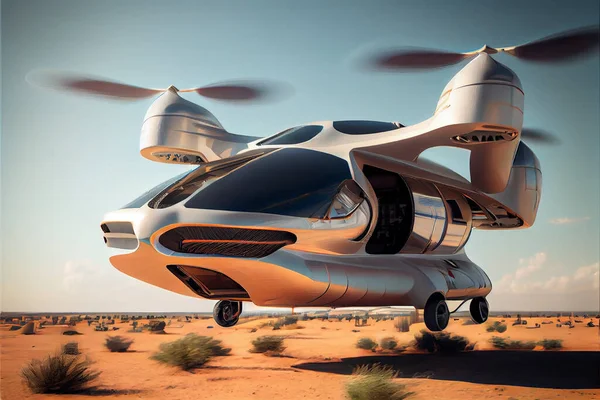 Futuristic flying car floating in Dubai.
