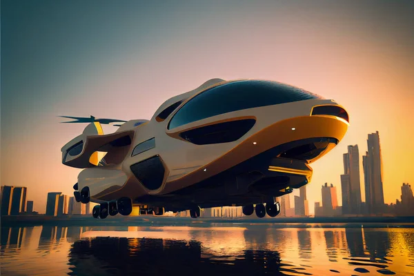 Futuristic flying car floating in Dubai.