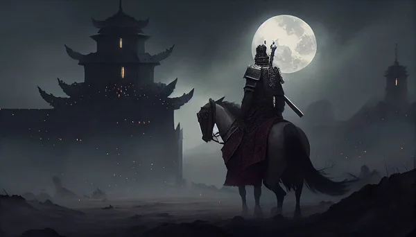 Chinese warrior, long sword, burning castle, gray sky.