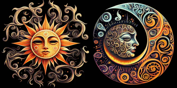 Psychedelic patterns featuring sun and moon.