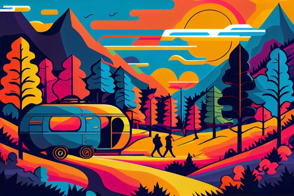 Campers on hike. pop_art style.