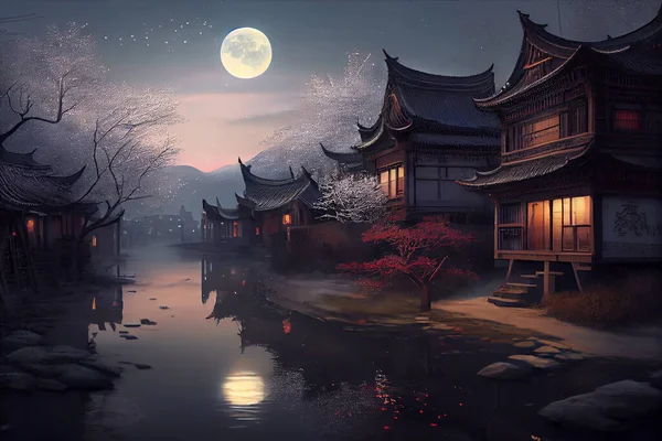 Chinese architecture, maple trees, snow scenes, moon in sky.