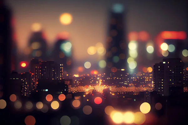 Blurred buildings with bright bokeh lights at night.