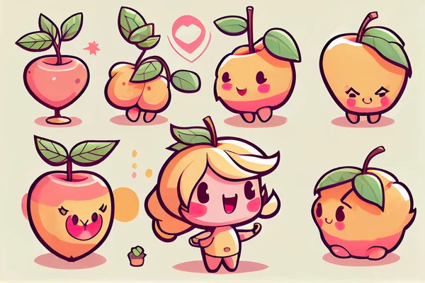 Pink peach in chibi cartoon cute style.