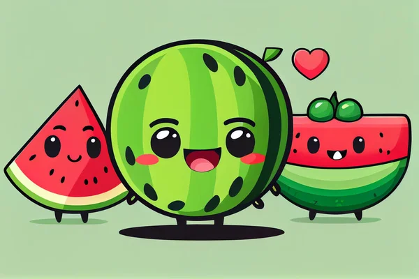 Green watermelon in chibi cartoon cute style.