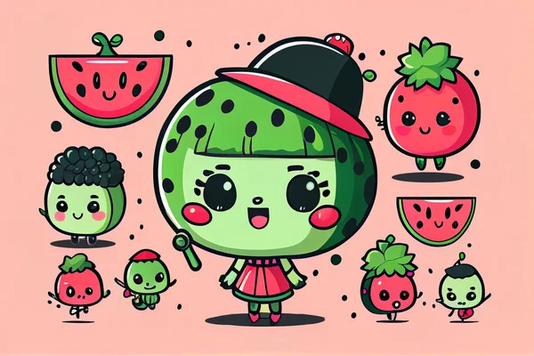 Green watermelon in chibi cartoon cute style.