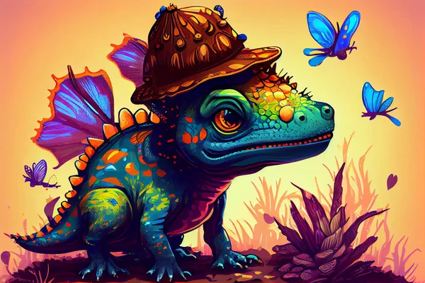 Little dinosaurs with hat and butterfly illustration.