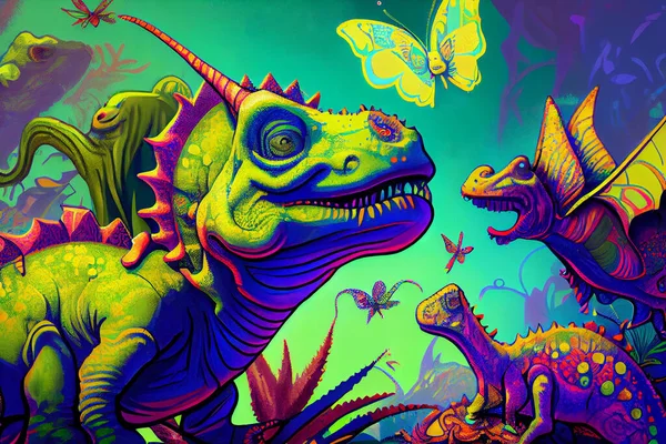 Little dinosaurs and butterfly illustration in psychedel style.