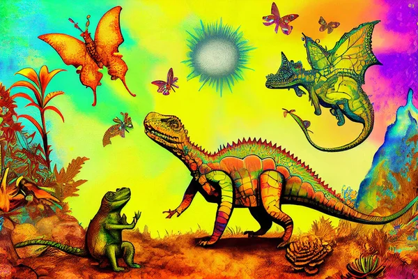 Little dinosaurs and butterfly illustration in psychedel style.