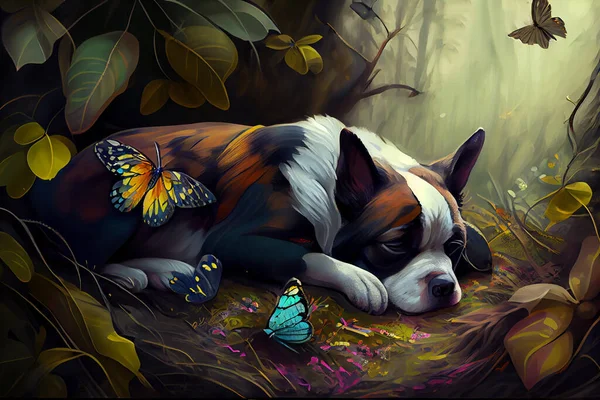 Dog sleeping in forest with colorful birds and butterfly.