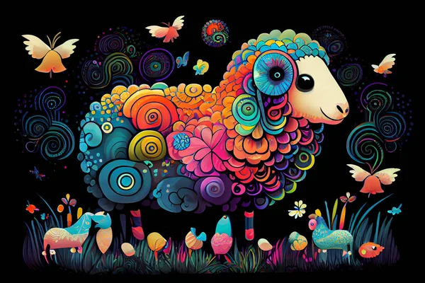 Cartoon sheep with colorful birds and butterflies.